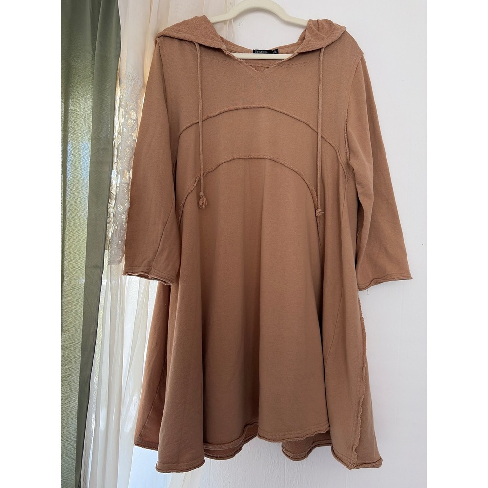 Solutions Hoodie Dress Womens Medium Tan Excellent Raw Seam Boho Cotton Mini